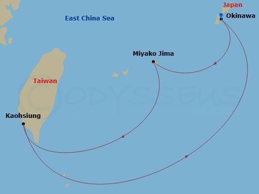 4 Night - Far East from Okinawa Is. (Naha) - Costa Serena - Starting in Okinawa (Naha), Miyakojima, Japan, Kaohsiung, Okinawa (Naha) itinerary map