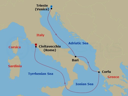 4 Night - Western Mediterranean from Trieste - Costa Deliziosa - Starting in Trieste, Bari, Corfu, Civitavecchia (Rome) itinerary map