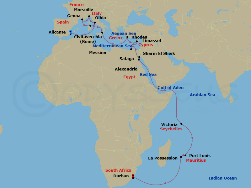 31 Night - Msc Grand Voyages - MSC Sinfonia - Starting in Alicante, Spain, Civitavecchia (Rome), Italy, Genoa (Portofino), Italy, Marseille (Provence), France, Olbia, Italy, Civitavecchia (Rome), Italy, Messina (Taormina), Italy, Rhodes (Lindos), Greece, Limassol, Cyprus, Alexandria EG, Egypt, Suez Canal (Transit), Egypt, Sharm El-Sheikh, Egypt, Safaga, Egypt, Port Victoria, Seychelles, Port Louis, Mauritius, La Possession, Reunion, Durban, South Africa itinerary map