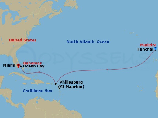 10 Night - Msc Grand Voyages - MSC Poesia - Starting in Funchal (Madeira Islands), Portugal, Philipsburg, Saint Martin, Ocean Cay Msc Marine Reserve, Bahamas, Miami, Florida itinerary map