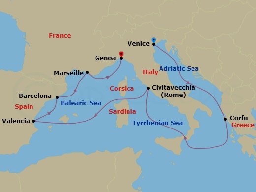 9 Night - Mediterranean - MSC Lirica - Starting in Venice / Marghera, Italy, Corfu, Greece, Civitavecchia (Rome), Italy, Valencia, Spain, Barcelona, Spain, Marseille (Provence), France, Genoa (Portofino), Italy itinerary map