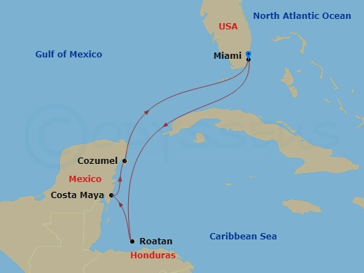 7 Night - Caribbean and Antilles - MSC World America - Starting in Miami, Florida, Isla De Roatan, Honduras, Costa Maya, Mexico, Cozumel, Mexico, Miami, Florida itinerary map