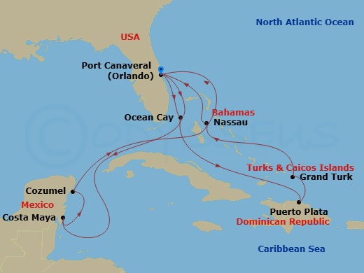 14 Night - Caribbean and Antilles - MSC World Atlantic - Starting in Port Canaveral (Orlando), Florida, Ocean Cay Msc Marine Reserve, Bahamas, Costa Maya, Mexico, Cozumel, Mexico, Nassau, Bahamas, Port Canaveral (Orlando), Florida, Ocean Cay Msc Marine Reserve, Bahamas, Puerto Plata, Dominican Republic, Grand Turk Island, Turks and Caicos, Nassau, Bahamas, Port Canaveral (Orlando), Florida itinerary map