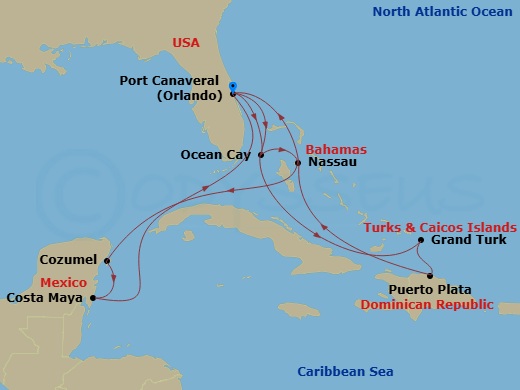 14 Night - Caribbean and Antilles - MSC World Atlantic - Starting in Port Canaveral (Orlando), Florida, Ocean Cay Msc Marine Reserve, Bahamas, Nassau, Bahamas, Cozumel, Mexico, Costa Maya, Mexico, Port Canaveral (Orlando), Florida, Ocean Cay Msc Marine Reserve, Bahamas, Grand Turk Island, Turks and Caicos, Puerto Plata, Dominican Republic, Nassau, Bahamas, Port Canaveral (Orlando), Florida itinerary map