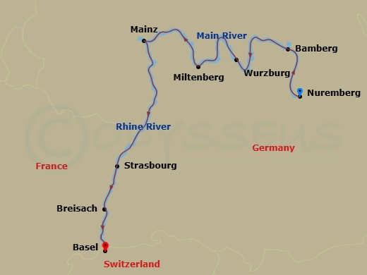 7 Night - Rhine River - Basel Holiday - Celebrity Seeker - Starting in Nuremberg, Germany, Bamberg, Germany, Wurzburg, Germany, Miltenberg, Germany, Mainz, Germany, Strasbourg, France, Breisach, Germany, Basel, Switzerland itinerary map