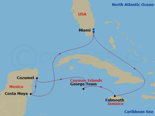 8 Night - Western Caribbean Holiday - Independence of the Seas - Starting in Miami, Florida, Falmouth, Jamaica, George Town, Grand Cayman, Cozumel, Mexico, Puerto Costa Maya, Mexico, Miami, Florida itinerary map