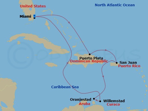 9 Night - Southern Caribbean Cruise - Independence of the Seas - Starting in Miami, Florida, Puerto Plata, Dominican Republic, San Juan, Puerto Rico, Oranjestad, Aruba, Willemstad AN, Curacao, Miami, Florida itinerary map