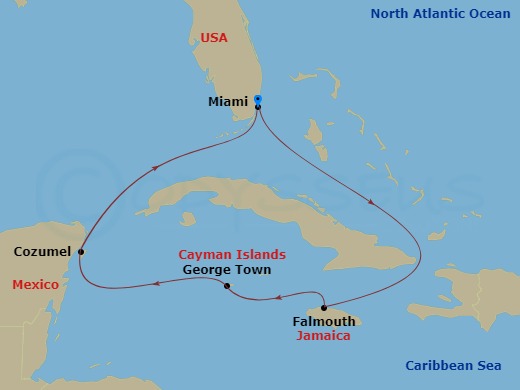 6 Night - Western Caribbean Cruise - Independence of the Seas - Starting in Miami, Florida, Falmouth, Jamaica, George Town, Grand Cayman, Cozumel, Mexico, Miami, Florida itinerary map