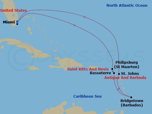 9 Night - Southern Caribbean Cruise - Independence of the Seas - Starting in Miami, Florida, St Johns AG, Antigua, Bridgetown, Barbados, Basseterre, St Kitts and Nevis, Philipsburg, St Maarten, Miami, Florida itinerary map