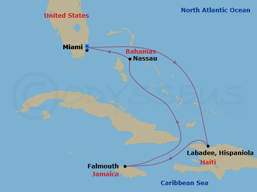 6 Night - Western Caribbean Cruise - Independence of the Seas - Starting in Miami, Florida, Labadee, Haiti, Falmouth, Jamaica, Nassau, Bahamas, Miami, Florida itinerary map