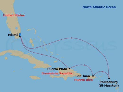 7 Night - Eastern Caribbean Cruise - Independence of the Seas - Starting in Miami, Florida, Philipsburg, St Maarten, San Juan, Puerto Rico, Puerto Plata, Dominican Republic, Miami, Florida itinerary map