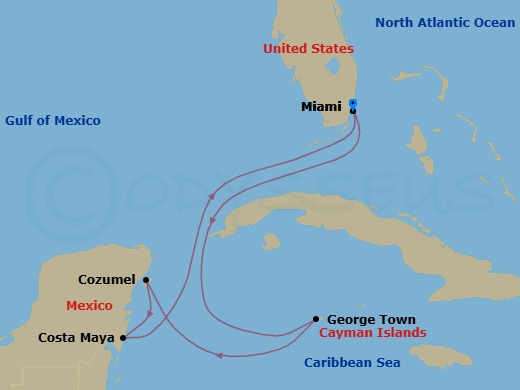 7 Night - Western Caribbean Cruise - Independence of the Seas - Starting in Miami, Florida, George Town, Grand Cayman, Cozumel, Mexico, Puerto Costa Maya, Mexico, Miami, Florida itinerary map