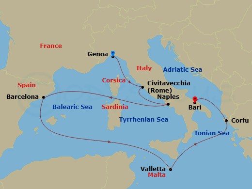 9 Night - Mediterranean - MSC Fantasia - Starting in Genoa (Portofino), Italy, Civitavecchia (Rome), Italy, Naples (Pompeii), Italy, Barcelona, Spain, La Valletta, Malta, Corfu, Greece, Bari, Italy itinerary map
