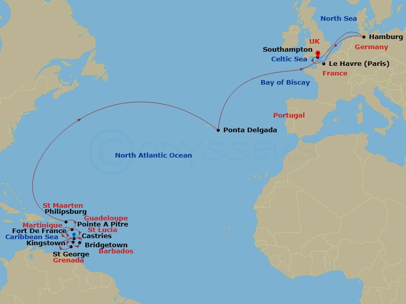23 Night - Msc Grand Voyages - MSC Virtuosa - Starting in Fort-de-France, Martinique, Pointe-A-Pitre, Guadeloupe, Castries, Saint Lucia, Bridgetown, Barbados, Kingstown, St Vincent and the Grenadines, Saint George, Grenada, Fort-de-France, Martinique, Pointe-A-Pitre, Guadeloupe, Philipsburg, St Maarten, Ponta Delgada (Azores), Portugal, Hamburg, Germany, Le Havre (Paris), France, Southampton (London), United Kingdom itinerary map