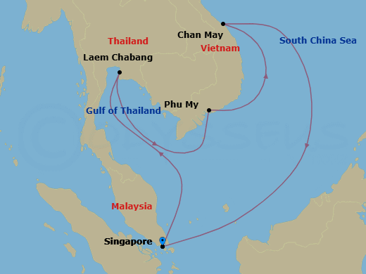 10 Night - Bangkok & Vietnam Cruise - Quantum of the Seas - Starting in Singapore, Bangkok / Laem Chabang, Thailand, Ho Chi Minh (Phu My), Vietnam, Hue / Danang (Chan May), Vietnam, Singapore itinerary map
