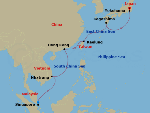 10 Night - Japan, Vietnam, Hong Kong & Taiwan - Quantum of the Seas - Starting in Singapore, Nha Trang, Vietnam, Hong Kong, China, Taipei (Keelung), Taiwan, China, Kagoshima, Japan, Tokyo (Yokohama), Japan itinerary map
