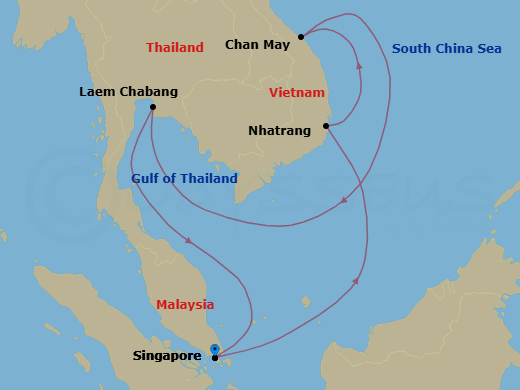 10 Night - Bangkok & Vietnam Cruise - Quantum of the Seas - Starting in Singapore, Nha Trang, Vietnam, Hue / Danang (Chan May), Vietnam, Bangkok / Laem Chabang, Thailand, Singapore itinerary map