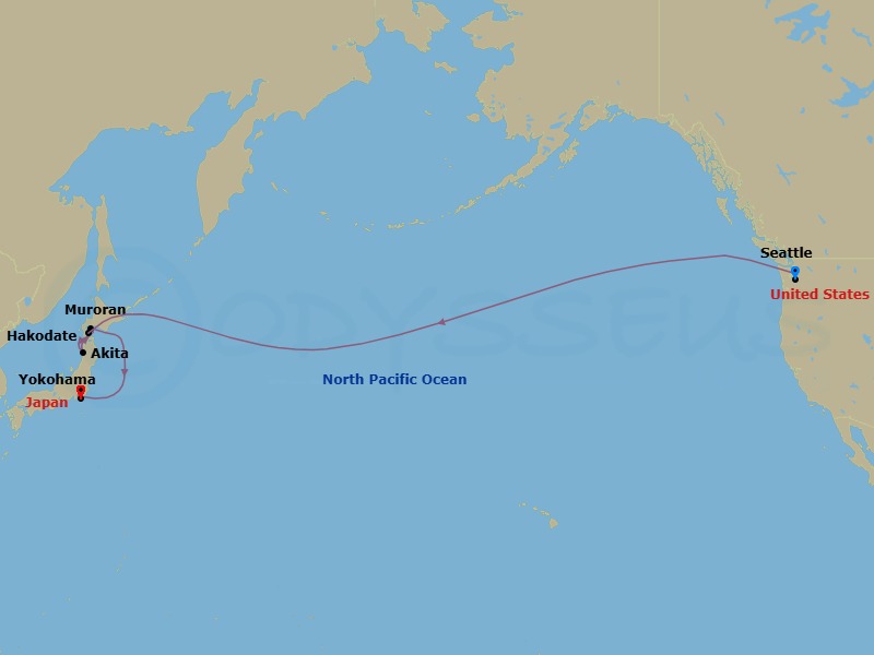 15 Night - Seattle to Tokyo Cruise - Quantum of the Seas - Starting in Seattle, Washington, International Dateline, Hakodate, Japan, Akita, Japan, Sapporo (Muroran), Japan, Tokyo (Yokohama), Japan itinerary map