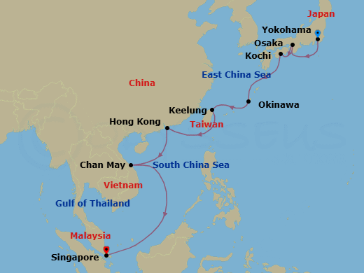 13 Night - Tokyo to Singapore Cruise - Quantum of the Seas - Starting in Tokyo (Yokohama), Japan, Osaka, Japan, Kochi, Japan, Okinawa, Japan, Taipei (Keelung), Taiwan, China, Hong Kong, China, Hue / Danang (Chan May), Vietnam, Singapore itinerary map