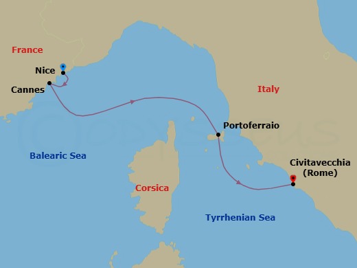4 Night - Western Mediterranean from Nice to Rome (Civitavecchia) - Sea Cloud II - Starting in Nice, Cannes, Portoferraio / Elba, Civitavecchia itinerary map