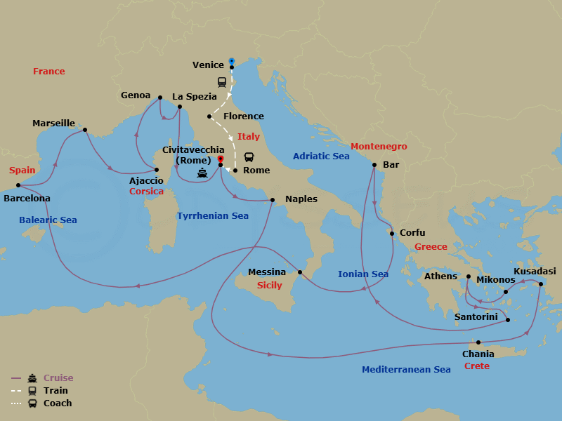 27 Night - Classic Italy - Tour 4C - Sun Princess Tours - Starting in Venice, Italy, Florence, Italy, Rome, Italy, Civitavecchia (for Rome), Italy, Naples, Italy (for Capri and Pompeii), Crete (Chania), Greece, Kusadasi, Turkey (for Ephesus), Mykonos, Greece, Athens (Piraeus), Greece, Santorini, Greece, Montenegro, Corfu, Greece, Sicily (Messina), Italy, Barcelona, Spain, Marseille (Provence), France, Corsica (Ajaccio), France, Genoa (for Cinque Terre), Italy, La Spezia (for Florence / Pisa), Italy, Civitavecchia (for Rome), Italy itinerary map