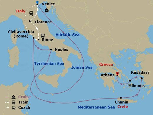 13 Night - Classic Italy - Tour 4A - Sun Princess Tours - Starting in Venice, Italy, Florence, Italy, Rome, Italy, Civitavecchia (for Rome), Italy, Venice, Italy, Civitavecchia (for Rome), Italy, Naples, Italy (for Capri and Pompeii), Crete (Chania), Greece, Kusadasi, Turkey (for Ephesus), Mykonos, Greece, Athens (Piraeus), Greece itinerary map