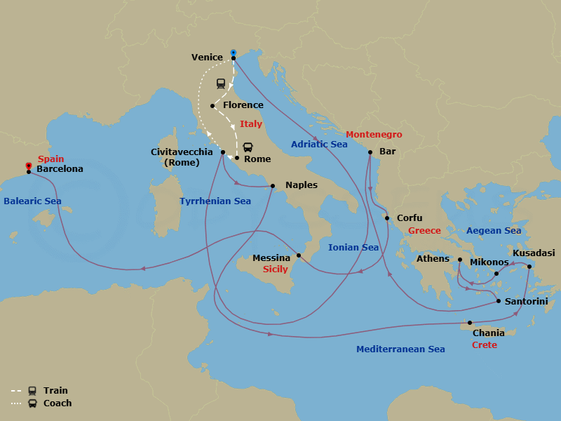 20 Night - Classic Italy - Tour 4B - Sun Princess Tours - Starting in Venice, Italy, Florence, Italy, Rome, Italy, Civitavecchia (for Rome), Italy, Venice, Italy, Civitavecchia (for Rome), Italy, Naples, Italy (for Capri and Pompeii), Crete (Chania), Greece, Kusadasi, Turkey (for Ephesus), Mykonos, Greece, Athens (Piraeus), Greece, Santorini, Greece, Montenegro, Corfu, Greece, Sicily (Messina), Italy, Barcelona, Spain itinerary map