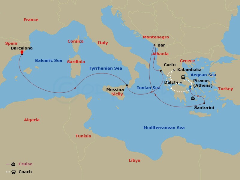 10 Night - Best of Greece - Tour 5A - Sun Princess Tours - Starting in Athens (Piraeus), Greece, Delphi, Greece, Kalambaka, Greece, Athens (Piraeus), Greece, Santorini, Greece, Montenegro, Corfu, Greece, Sicily (Messina), Italy, Barcelona, Spain itinerary map