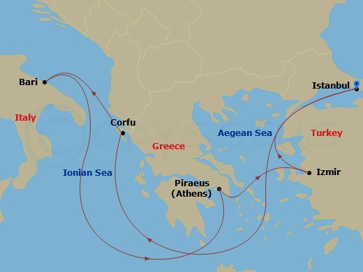 7 Night - Mediterranean - MSC Lirica - Starting in Istanbul, Turkey, Corfu, Greece, Bari, Italy, Piraeus (Athens), Greece, Izmir (Ephesus), Turkey, Istanbul, Turkey itinerary map