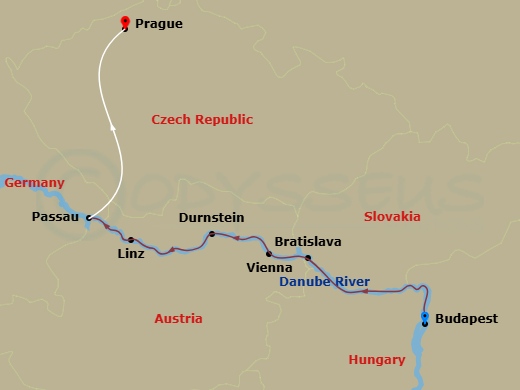 10 Night - Danube Christmas Markets with Prague - Scenic Pearl - Starting in Budapest, Bratislava, Vienna, Durnstein / Melk, Linz / Passau, Passau, Passau / Prague, Prague itinerary map