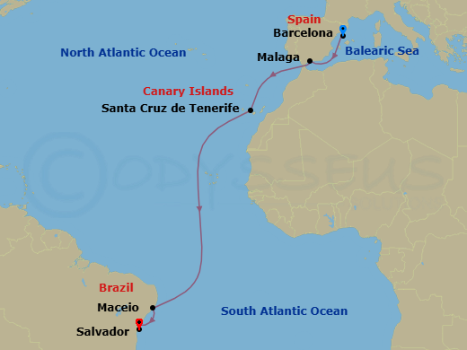 14 Night - Msc Grand Voyages - MSC Musica - Starting in Valencia, Spain, Lisbon (Cascais), Portugal, Funchal (Madeira Islands), Portugal, Salvador, Brazil, Ilheus, Brazil, Rio De Janeiro, Brazil itinerary map