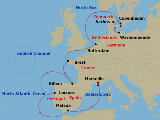 13 Night - Northern Europe - MSC Magnifica - Starting in Copenhagen, Denmark, Aarhus, Denmark, Warnemunde (Berlin), Germany, Rotterdam (Amsterdam), Netherlands, Brest, France, Bilbao, Leixoes (Porto), Portugal, Malaga (Granada), Spain, Marseille (Provence), France itinerary map