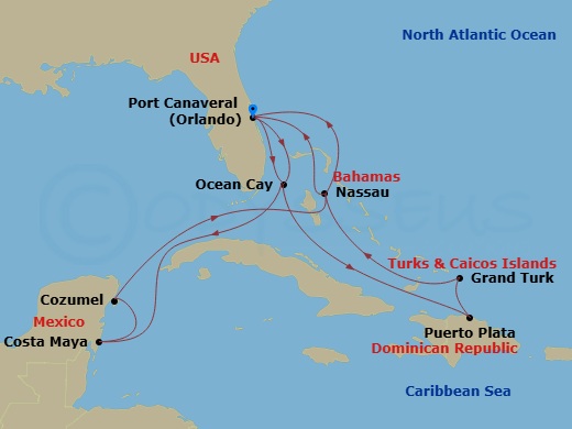 14 Night - Caribbean and Antilles - MSC World Atlantic - Starting in Port Canaveral (Orlando), Florida, Ocean Cay Msc Marine Reserve, Bahamas, Puerto Plata, Dominican Republic, Grand Turk Island, Turks and Caicos, Nassau, Bahamas, Port Canaveral (Orlando), Florida, Ocean Cay Msc Marine Reserve, Bahamas, Costa Maya, Mexico, Cozumel, Mexico, Nassau, Bahamas, Port Canaveral (Orlando), Florida itinerary map