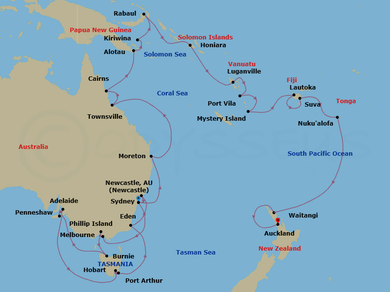 42 Night - Australia Holiday : Coral Sea & Fiji - Westerdam - Starting in Sydney AU, Phillip Island, Victoria AU, Australia, Melbourne, Australia, Burnie, Tasmania, Australia, Adelaide, South Australia, Australia, Penneshaw, Kangaroo Island, Australia, Hobart, Tasmania, Australia, Port Arthur, Australia, Eden, New South Wales, Australia, Newcastle AU, New South Wales, Australia, Sydney AU, Moreton Island, Queensland, Australia, Townsville, Australia, Cairns, Australia, Alotau, Papua New Guinea, Kiriwina Island, Papua New Guinea, Rabaul, Papua New Guinea, Honiara, Guadalcanal, Solomon Islands, Luganville, Vanuatu, Port Vila, Vanuatu, Mystery Island, Vanuatu, Lautoka, Fiji, Suva, Viti Levu, Fiji, Nuku Alofa, Tonga, Waitangi (Bay of Islands), New Zealand, Auckland, New Zealand itinerary map