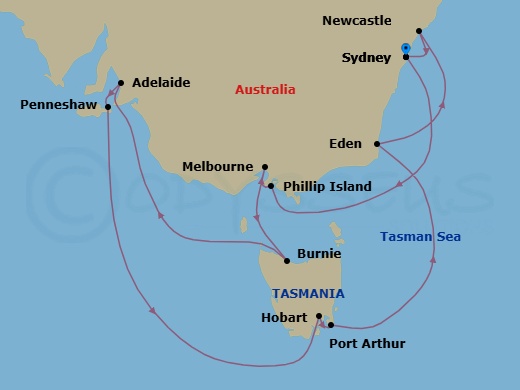 16 Night - South Australia Discovery Holiday - Westerdam - Starting in Sydney AU, Phillip Island, Victoria AU, Australia, Melbourne, Australia, Burnie, Tasmania, Australia, Adelaide, South Australia, Australia, Penneshaw, Kangaroo Island, Australia, Hobart, Tasmania, Australia, Port Arthur, Australia, Eden, New South Wales, Australia, Newcastle AU, New South Wales, Australia, Sydney AU itinerary map