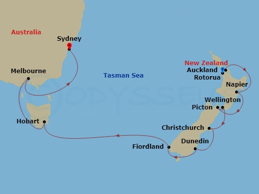 14 Night - Australia & New Zealand - Westerdam - Starting in Auckland, New Zealand, Tauranga (Rotorua), New Zealand, Napier, New Zealand, Wellington, New Zealand, Picton, New Zealand, Lyttelton (Christchurch), New Zealand, Port Chalmers (Dunedin), New Zealand, Cruising Fiordland Natl Park, Hobart, Tasmania, Australia, Melbourne, Australia, Sydney AU itinerary map