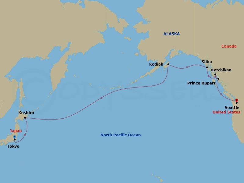 14 Night - North Pacific Crossing - Noordam - Starting in Tokyo, Japan, Kushiro, Japan, Cross International Dateline, Kodiak, Alaska, Sitka, Alaska, Ketchikan, Alaska, Prince Rupert, British Columbia, Canada, Seattle, Washington itinerary map