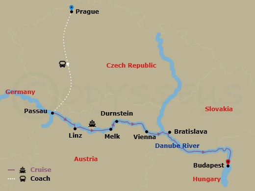 10 Night - Danube Christmas Markets with Prague - Scenic Jade - Starting in Prague, Prague / Passau, Passau, Passau / Linz, Melk / Durnstein, Vienna, Bratislava, Budapest itinerary map