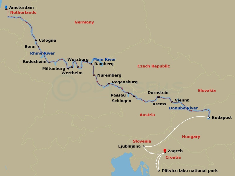 18 Night - Jewels of Europe with Ljubljana & Zagreb - Scenic Jade - Starting in Amsterdam, Cologne / Bonn, Rhine Gorge / Rudesheim, Miltenberg / Wertheim, Wurzburg, Bamberg, Nuremberg, Regensburg, Passau, Durnstein / Krems, Vienna, Budapest, Budapest / Ljubljana, Ljubljana, Ljubljana / Zagreb, Zagreb / Plitvice National Park / Zagreb, Zagreb itinerary map