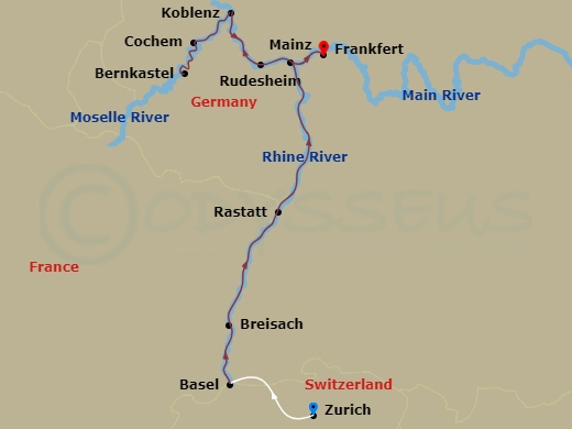 7 Night - Charming Castles & Vineyards of the Rhine & Moselle - Scenic Pearl - Starting in Zurich / Basel, Breisach, Rastatt, Rudesheim, Cochem, Bernkastel, Koblenz, Mainz itinerary map