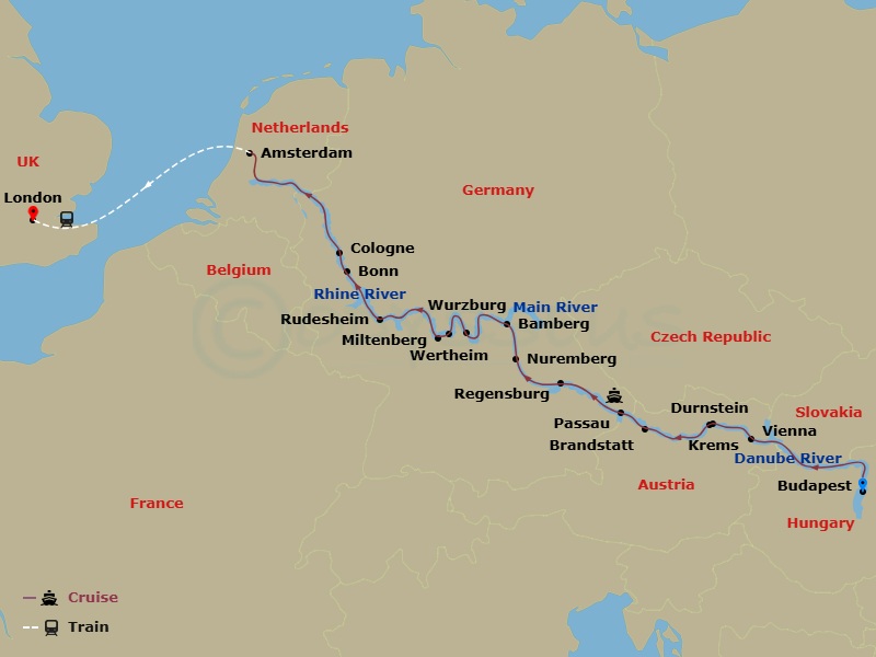 17 Night - Jewels of Europe with London - Scenic Ruby - Starting in Budapest, Vienna, Krems / Durnstein, Passau, Regensburg, Nuremberg, Bamberg, Wurzburg, Wertheim / Miltenberg, Rudesheim / Rhine Gorge / Bonn, Cologne, Amsterdam, Amsterdam / London, London itinerary map