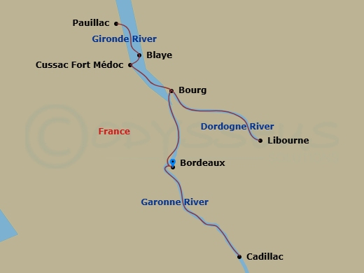 7 Night - Tastes of Bordeaux - a Wine Cruise - Scenic Diamond - Starting in Bordeaux, Bordeaux / Libourne, Libourne / Blaye, Blaye / Fort Medoc, Fort Medoc / Pauillac / Bourg / Bordeaux, Bordeaux / Cadillac / Bordeaux, Bordeaux itinerary map