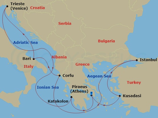 9 Night - Mediterranean - MSC Splendida - Starting in Piraeus (Athens), Greece, Kusadasi, Turkey, Istanbul, Turkey, Corfu, Greece, Bari, Italy, Trieste (Venice), Italy, Katakolon (Olympia), Greece, Piraeus (Athens), Greece itinerary map