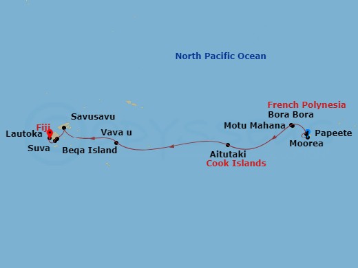 15 Night - Fiji, Tonga, Cook Islands and Society Islands - MS Paul Gauguin - Starting in Papeete, Tahiti Island, Moorea Island, Motu Mahana, Tahaa Island, Society Islands, Bora Bora, Society Islands, Aitutaki, Crossing the International Date Line, Vavau Islands, Savusavu, Vanua Levu Island, Suva, Viti Levu Island, Beqa Island, Lautoka, Viti Levu Island itinerary map