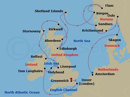 21 Night - British Isles & Viking Shores - Viking Vela - Starting in Amsterdam, Sail the North Sea, Skagen, Oslo, Kristiansand, Sandnes, Flam, Norway, Bergen, Shetland Islands (Lerwick), Aberdeen, Edinburgh (Newhaven Harbour), Orkney Islands (Kirkwall), Lewis and Harris (Stornoway), Scotland, Belfast, Liverpool, Holyhead, Dublin (Dun Laoghaire), Scenic Sailing English Channel, Dover UK, London (Greenwich) itinerary map