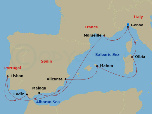 10 Night - Mediterranean - MSC Opera - Starting in Genoa (Portofino), Italy, Marseille (Provence), France, Malaga (Granada), Spain, Cadiz (Seville), Spain, Lisbon (Cascais), Portugal, Alicante, Spain, Mahon, Menorca, Spain, Olbia, Italy, Genoa (Portofino), Italy itinerary map