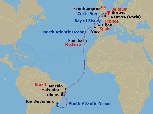 18 Night - Msc Grand Voyages - MSC Preziosa - Starting in Rio De Janeiro, Brazil, Ilheus, Brazil, Salvador, Brazil, Maceio, Brazil, Funchal (Madeira Islands), Portugal, Vigo (Santiago De Compostela), Spain, Gijon, Spain, Southampton (London), United Kingdom, Le Havre (Paris), France, Zeebrugge (Bruges), Belgium itinerary map