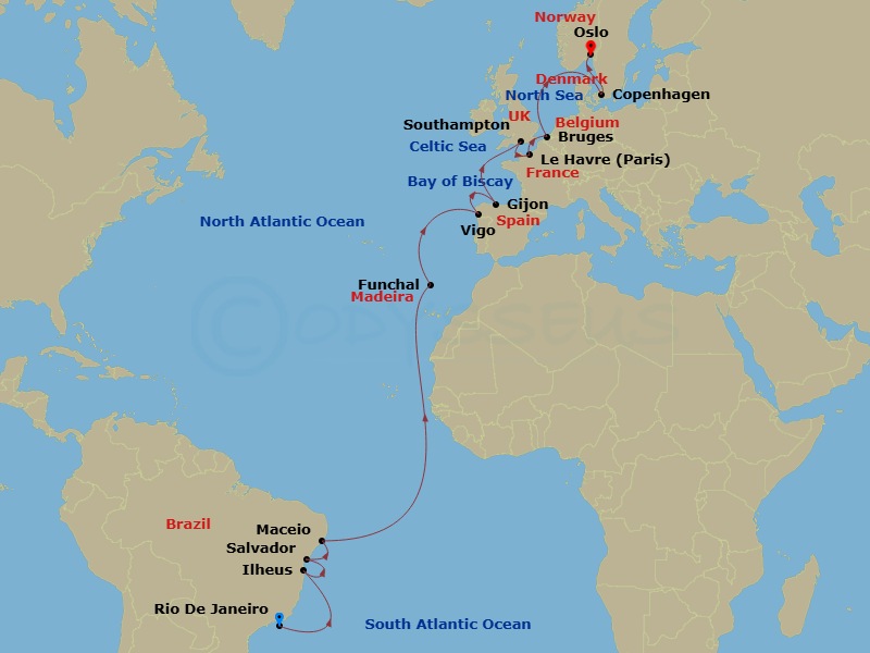 21 Night - Msc Grand Voyages - MSC Preziosa - Starting in Rio De Janeiro, Brazil, Ilheus, Brazil, Salvador, Brazil, Maceio, Brazil, Funchal (Madeira Islands), Portugal, Vigo (Santiago De Compostela), Spain, Gijon, Spain, Southampton (London), United Kingdom, Le Havre (Paris), France, Zeebrugge (Bruges), Belgium, Copenhagen, Denmark, Oslo, Norway itinerary map
