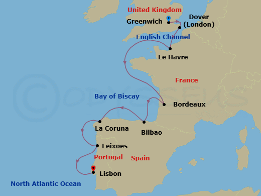 11 Night - Iberia, France & England Explorer - Viking Saturn - Starting in London (Greenwich), Dover UK, Paris (Le Havre), Sail the Atlantic Ocean, Bordeaux, Bilbao, A Coruna, Porto (Leixoes), Lisbon itinerary map
