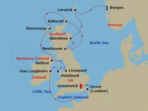 14 Night - British Isles Explorer - Viking Vela - Starting in Bergen, Shetland Islands (Lerwick), Aberdeen, Edinburgh (Newhaven Harbour), Orkney Islands (Kirkwall), Lewis and Harris (Stornoway), Scotland, Belfast, Liverpool, Holyhead, Dublin (Dun Laoghaire), Scenic Sailing English Channel, Dover UK, London (Greenwich) itinerary map
